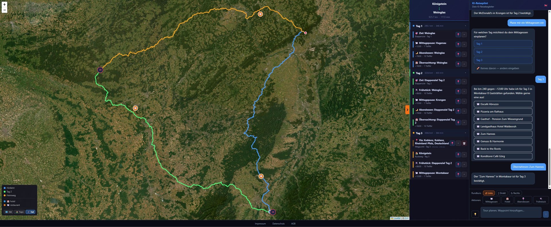 KI Reisepilot App — 3-Tages-Motorradtour mit farbigen Etappen auf der Karte, Sidebar und Chat-Panel
